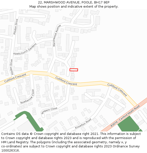 22, MARSHWOOD AVENUE, POOLE, BH17 9EP: Location map and indicative extent of plot