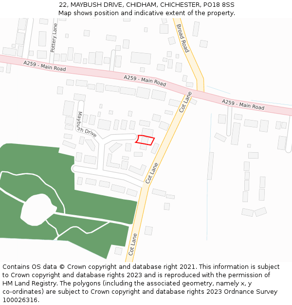 22, MAYBUSH DRIVE, CHIDHAM, CHICHESTER, PO18 8SS: Location map and indicative extent of plot