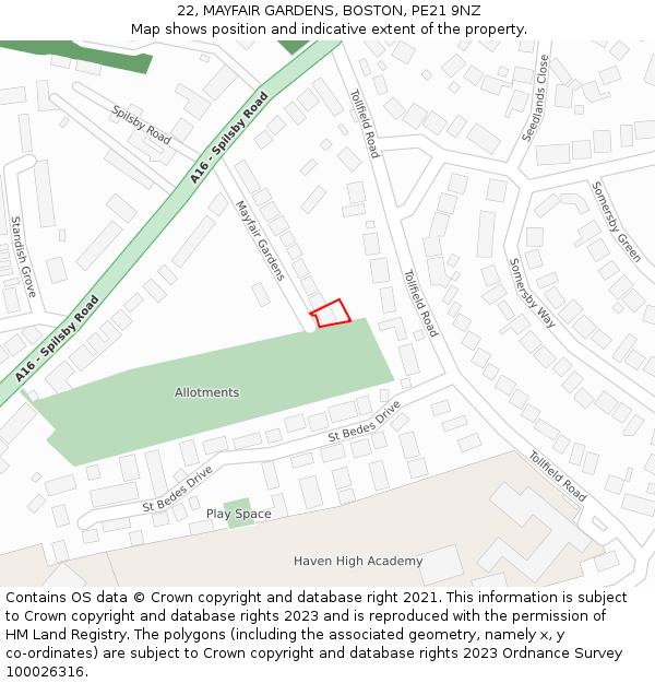 22, MAYFAIR GARDENS, BOSTON, PE21 9NZ: Location map and indicative extent of plot