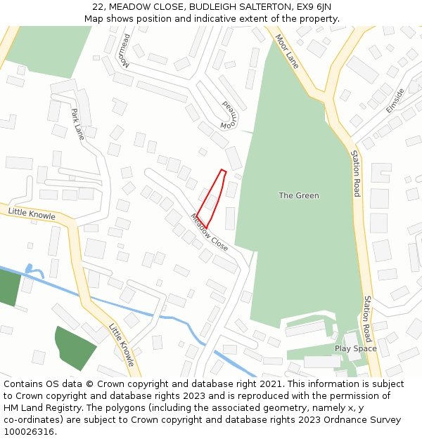 22, MEADOW CLOSE, BUDLEIGH SALTERTON, EX9 6JN: Location map and indicative extent of plot