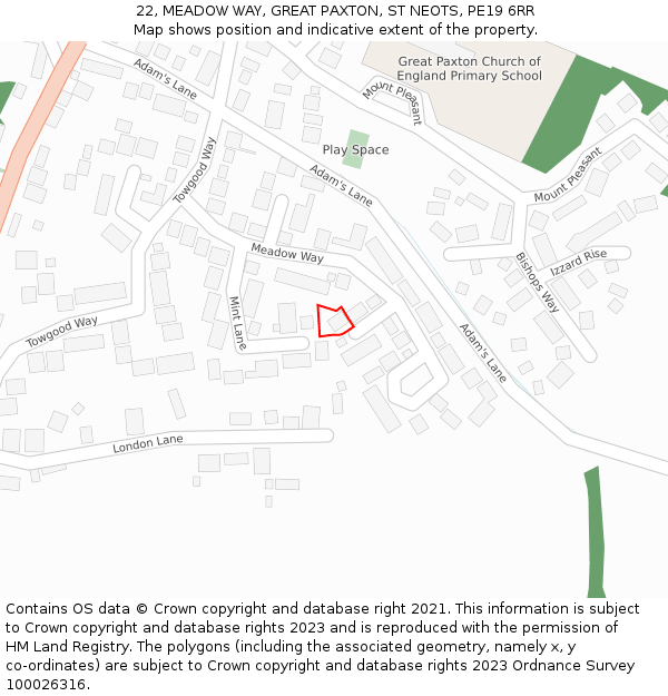 22, MEADOW WAY, GREAT PAXTON, ST NEOTS, PE19 6RR: Location map and indicative extent of plot