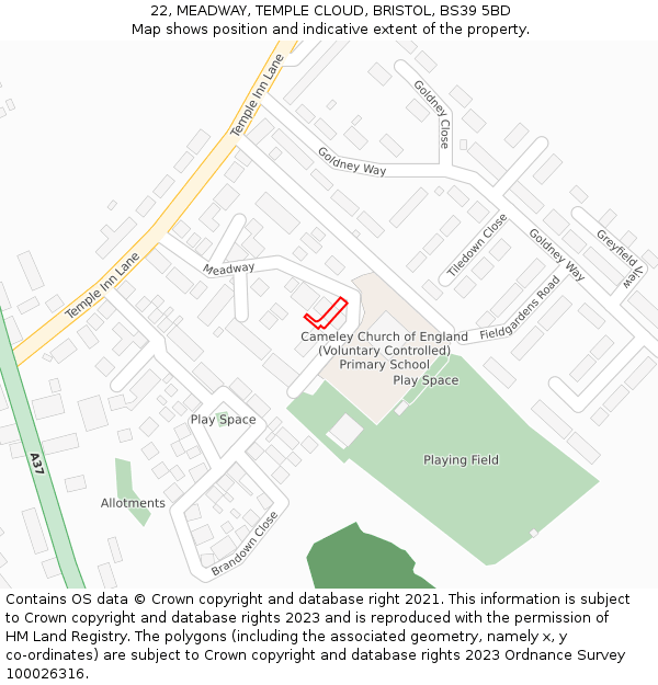 22, MEADWAY, TEMPLE CLOUD, BRISTOL, BS39 5BD: Location map and indicative extent of plot