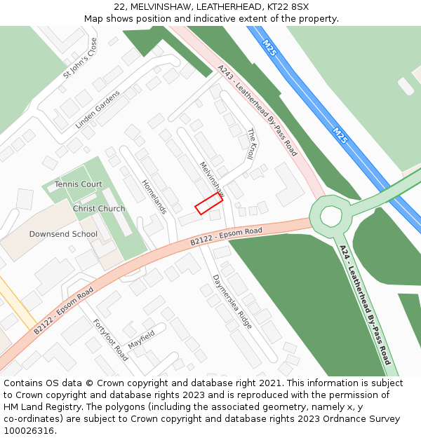 22, MELVINSHAW, LEATHERHEAD, KT22 8SX: Location map and indicative extent of plot