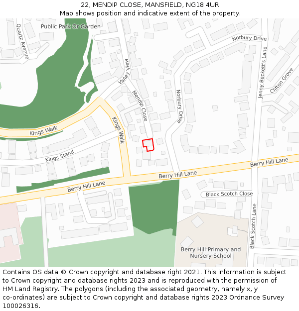 22, MENDIP CLOSE, MANSFIELD, NG18 4UR: Location map and indicative extent of plot