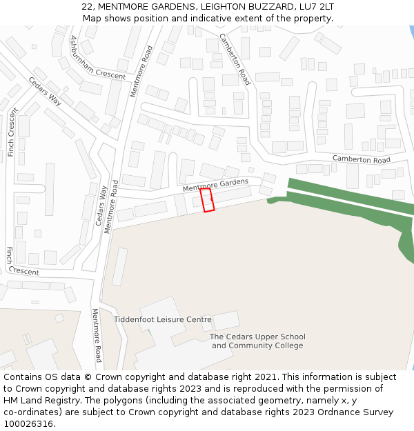 22, MENTMORE GARDENS, LEIGHTON BUZZARD, LU7 2LT: Location map and indicative extent of plot