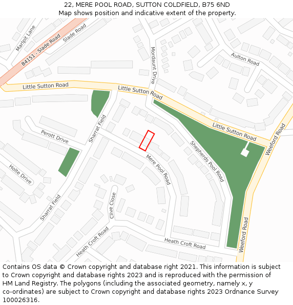 22, MERE POOL ROAD, SUTTON COLDFIELD, B75 6ND: Location map and indicative extent of plot