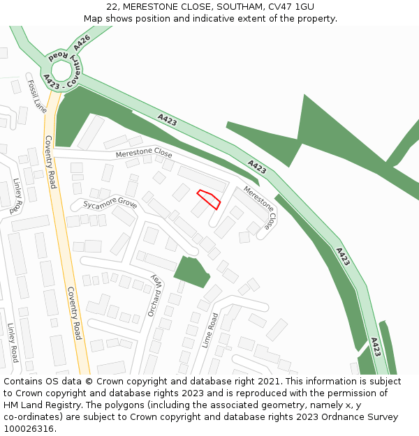 22, MERESTONE CLOSE, SOUTHAM, CV47 1GU: Location map and indicative extent of plot