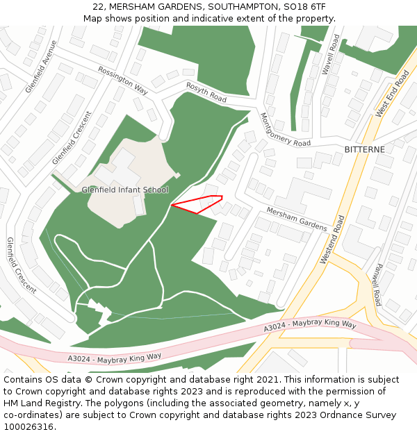 22, MERSHAM GARDENS, SOUTHAMPTON, SO18 6TF: Location map and indicative extent of plot