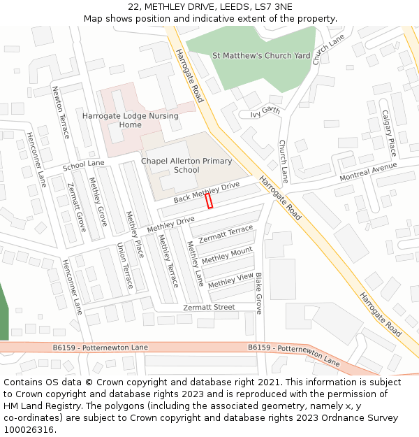 22, METHLEY DRIVE, LEEDS, LS7 3NE: Location map and indicative extent of plot