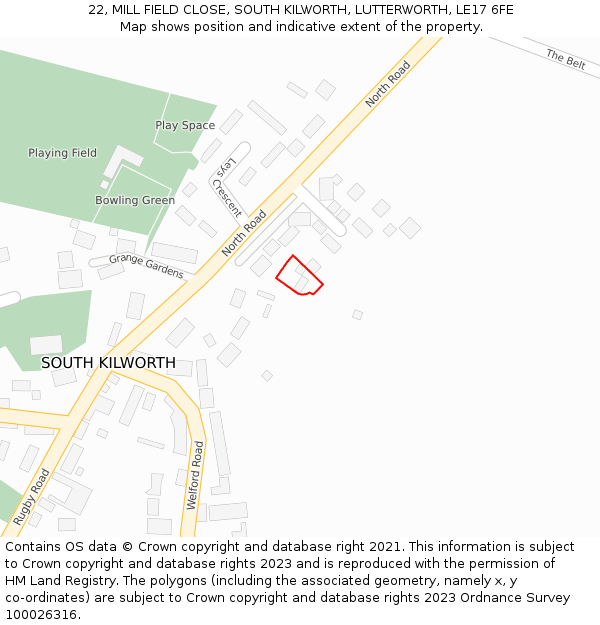 22, MILL FIELD CLOSE, SOUTH KILWORTH, LUTTERWORTH, LE17 6FE: Location map and indicative extent of plot
