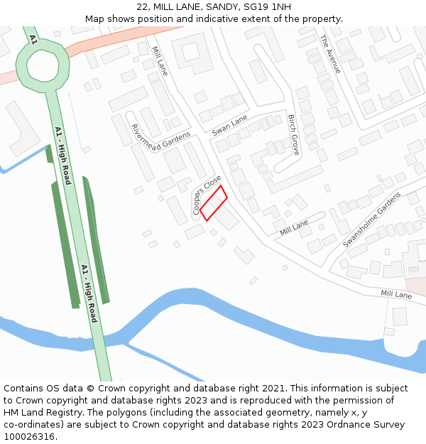 22, MILL LANE, SANDY, SG19 1NH: Location map and indicative extent of plot