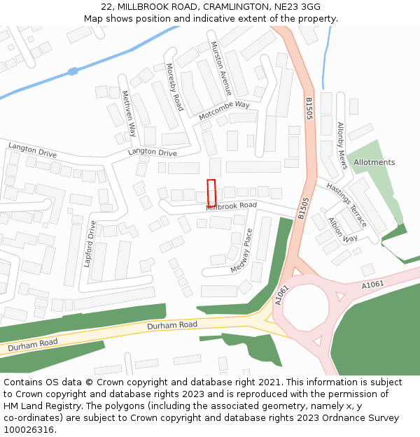 22, MILLBROOK ROAD, CRAMLINGTON, NE23 3GG: Location map and indicative extent of plot
