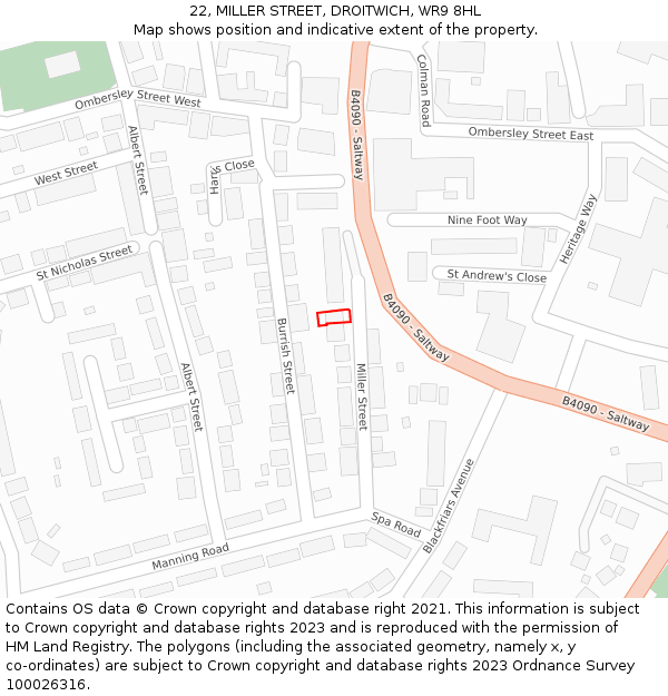 22, MILLER STREET, DROITWICH, WR9 8HL: Location map and indicative extent of plot