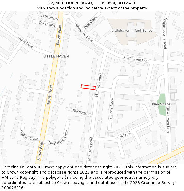 22, MILLTHORPE ROAD, HORSHAM, RH12 4EP: Location map and indicative extent of plot