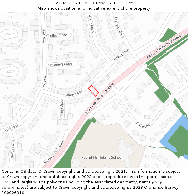 22, MILTON ROAD, CRAWLEY, RH10 3AY: Location map and indicative extent of plot