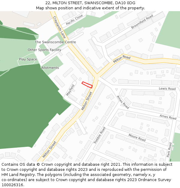 22, MILTON STREET, SWANSCOMBE, DA10 0DG: Location map and indicative extent of plot