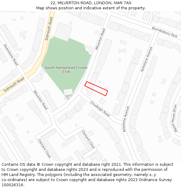 22, MILVERTON ROAD, LONDON, NW6 7AS: Location map and indicative extent of plot