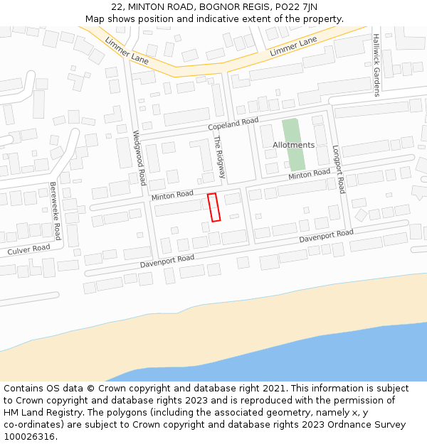 22, MINTON ROAD, BOGNOR REGIS, PO22 7JN: Location map and indicative extent of plot