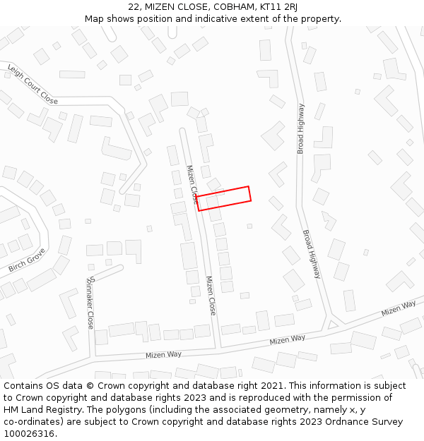 22, MIZEN CLOSE, COBHAM, KT11 2RJ: Location map and indicative extent of plot
