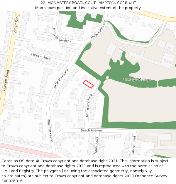 22, MONASTERY ROAD, SOUTHAMPTON, SO18 4HT: Location map and indicative extent of plot