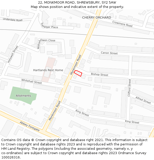 22, MONKMOOR ROAD, SHREWSBURY, SY2 5AW: Location map and indicative extent of plot