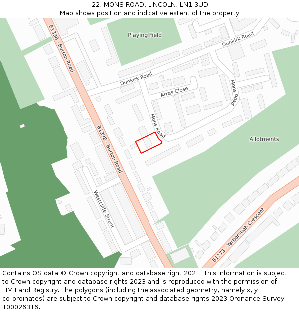 22, MONS ROAD, LINCOLN, LN1 3UD: Location map and indicative extent of plot