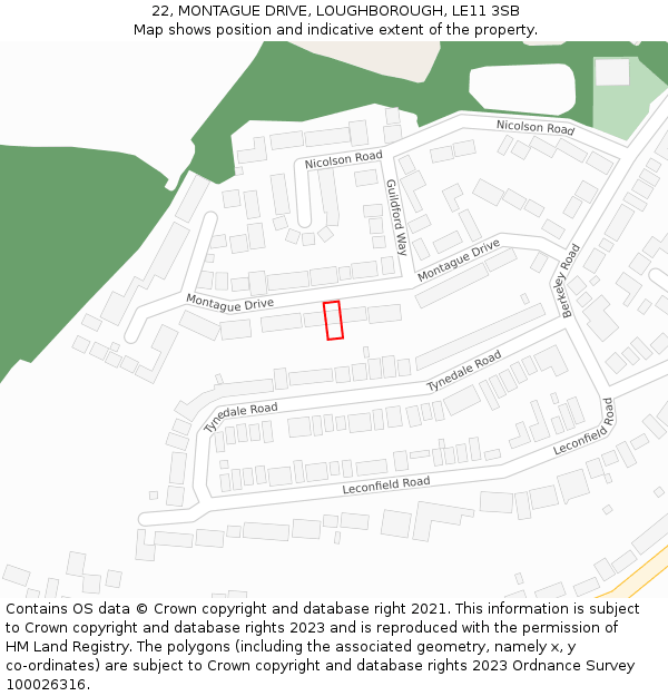 22, MONTAGUE DRIVE, LOUGHBOROUGH, LE11 3SB: Location map and indicative extent of plot