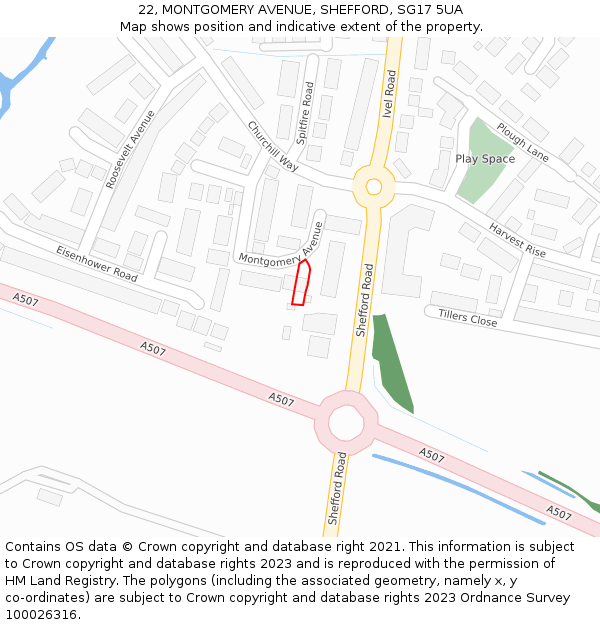 22, MONTGOMERY AVENUE, SHEFFORD, SG17 5UA: Location map and indicative extent of plot