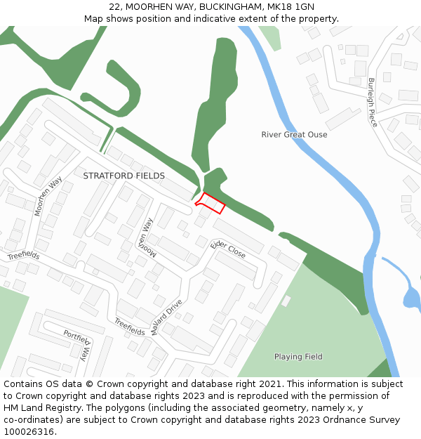 22, MOORHEN WAY, BUCKINGHAM, MK18 1GN: Location map and indicative extent of plot