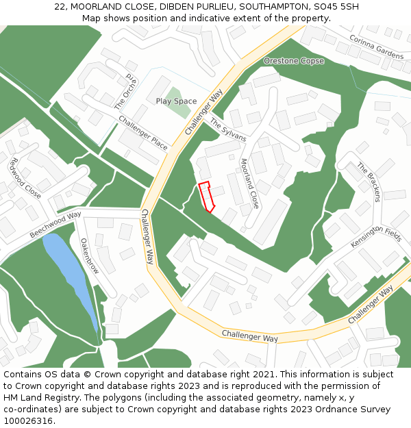 22, MOORLAND CLOSE, DIBDEN PURLIEU, SOUTHAMPTON, SO45 5SH: Location map and indicative extent of plot