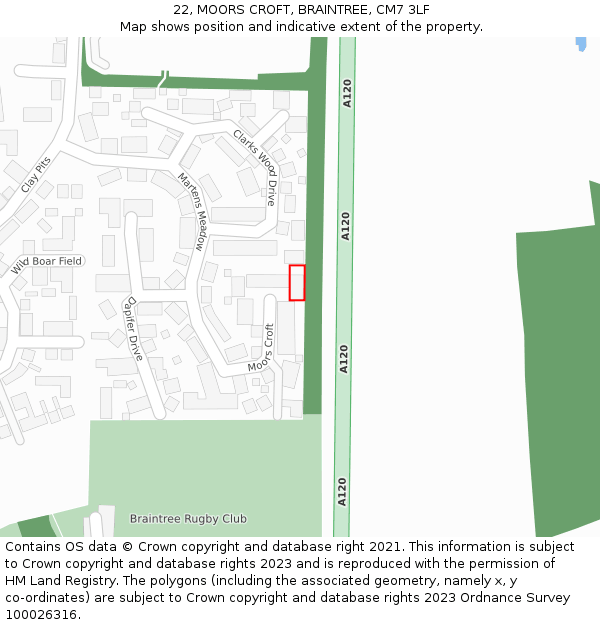 22, MOORS CROFT, BRAINTREE, CM7 3LF: Location map and indicative extent of plot