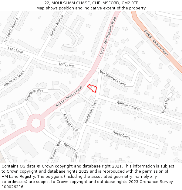 22, MOULSHAM CHASE, CHELMSFORD, CM2 0TB: Location map and indicative extent of plot