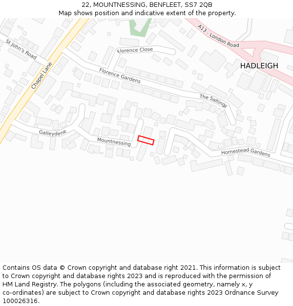 22, MOUNTNESSING, BENFLEET, SS7 2QB: Location map and indicative extent of plot