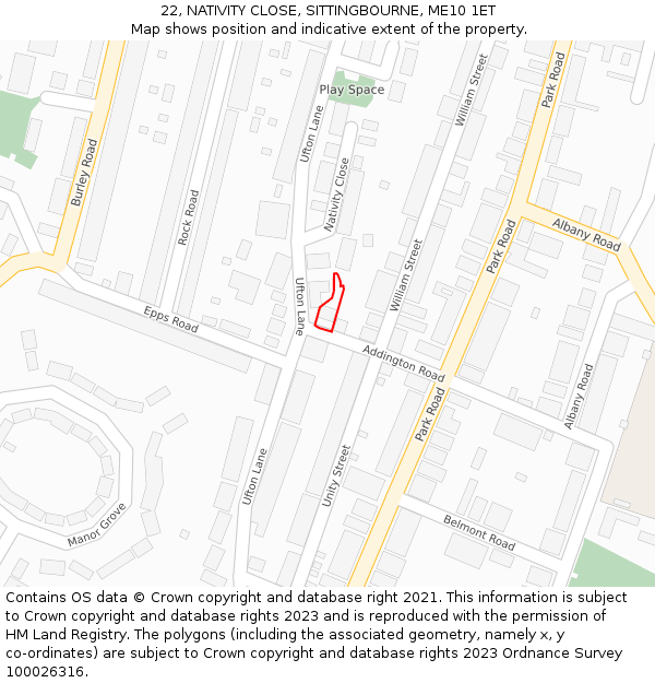 22, NATIVITY CLOSE, SITTINGBOURNE, ME10 1ET: Location map and indicative extent of plot