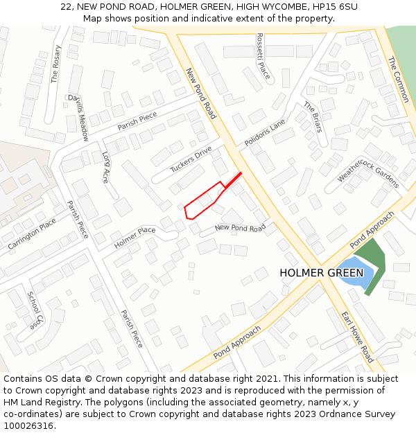 22, NEW POND ROAD, HOLMER GREEN, HIGH WYCOMBE, HP15 6SU: Location map and indicative extent of plot