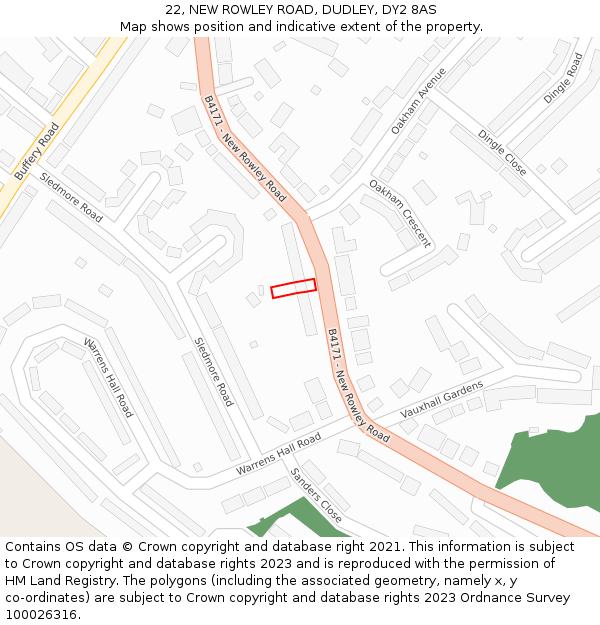 22, NEW ROWLEY ROAD, DUDLEY, DY2 8AS: Location map and indicative extent of plot