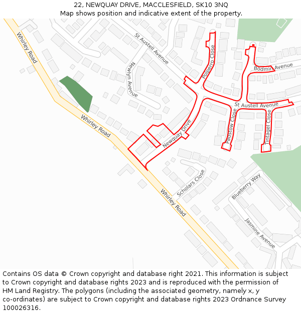 22, NEWQUAY DRIVE, MACCLESFIELD, SK10 3NQ: Location map and indicative extent of plot