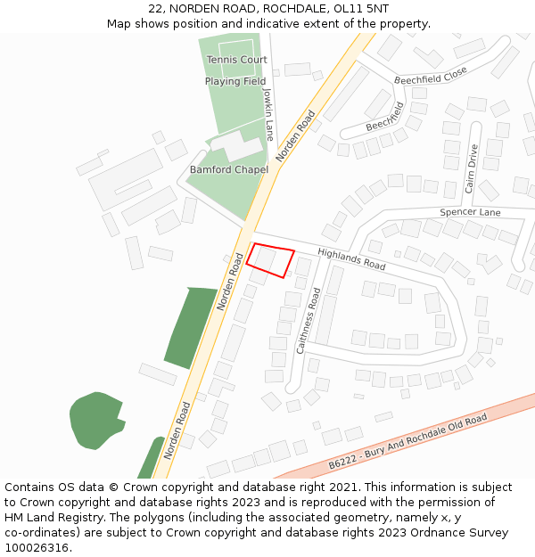 22, NORDEN ROAD, ROCHDALE, OL11 5NT: Location map and indicative extent of plot