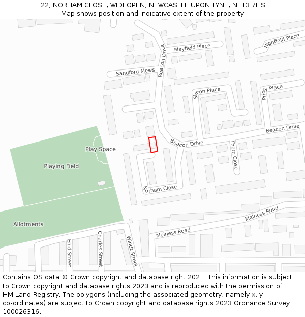 22, NORHAM CLOSE, WIDEOPEN, NEWCASTLE UPON TYNE, NE13 7HS: Location map and indicative extent of plot