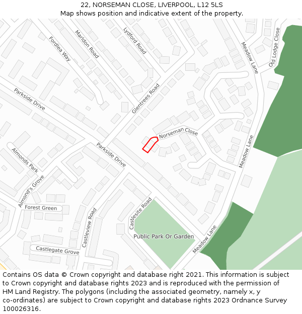 22, NORSEMAN CLOSE, LIVERPOOL, L12 5LS: Location map and indicative extent of plot