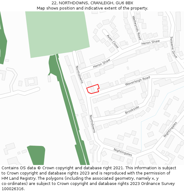 22, NORTHDOWNS, CRANLEIGH, GU6 8BX: Location map and indicative extent of plot