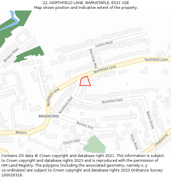 22, NORTHFIELD LANE, BARNSTAPLE, EX31 1QE: Location map and indicative extent of plot