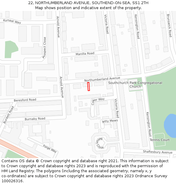 22, NORTHUMBERLAND AVENUE, SOUTHEND-ON-SEA, SS1 2TH: Location map and indicative extent of plot