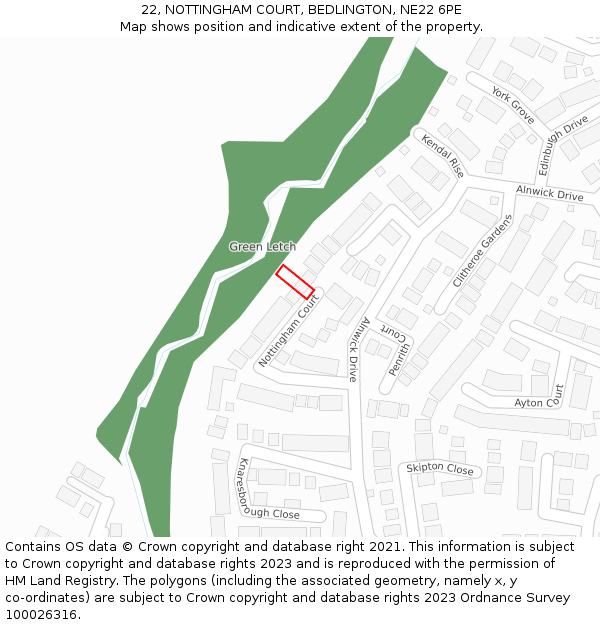 22, NOTTINGHAM COURT, BEDLINGTON, NE22 6PE: Location map and indicative extent of plot