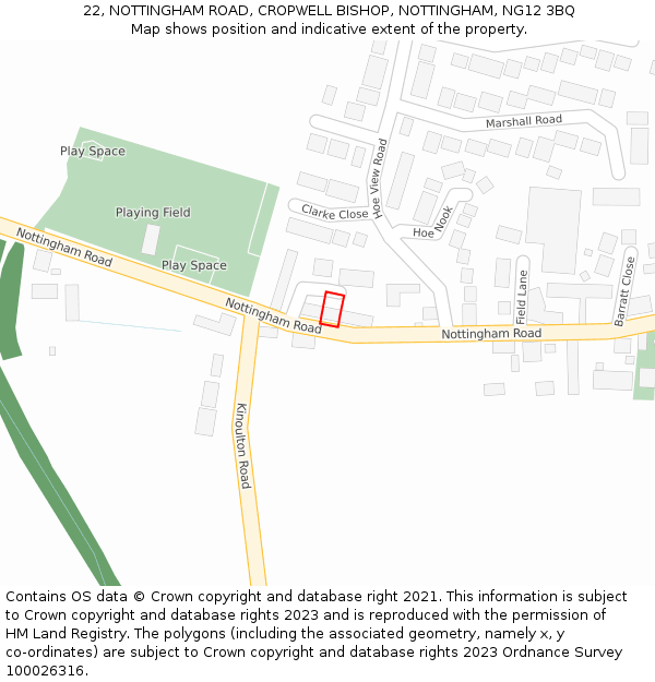 22, NOTTINGHAM ROAD, CROPWELL BISHOP, NOTTINGHAM, NG12 3BQ: Location map and indicative extent of plot