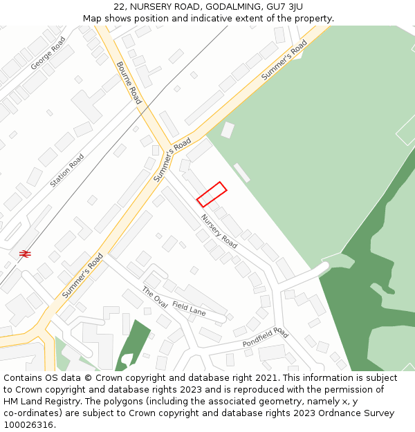 22, NURSERY ROAD, GODALMING, GU7 3JU: Location map and indicative extent of plot