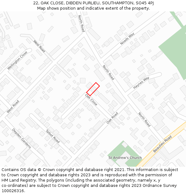 22, OAK CLOSE, DIBDEN PURLIEU, SOUTHAMPTON, SO45 4PJ: Location map and indicative extent of plot