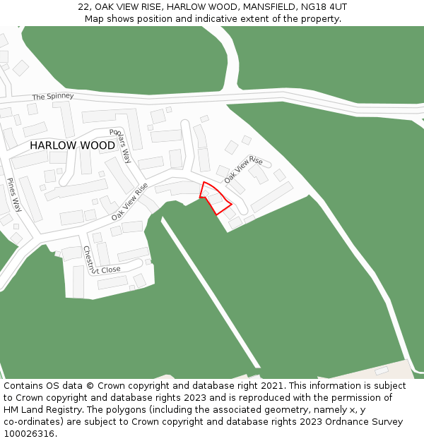 22, OAK VIEW RISE, HARLOW WOOD, MANSFIELD, NG18 4UT: Location map and indicative extent of plot