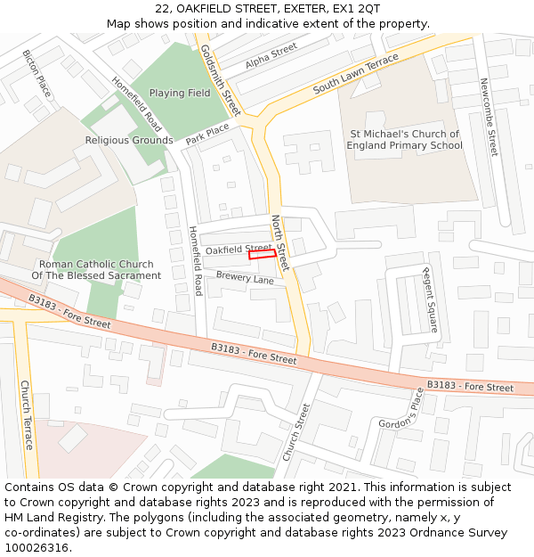 22, OAKFIELD STREET, EXETER, EX1 2QT: Location map and indicative extent of plot