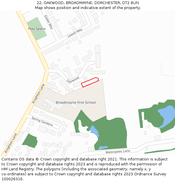 22, OAKWOOD, BROADMAYNE, DORCHESTER, DT2 8UN: Location map and indicative extent of plot